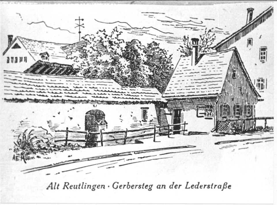 Gezeichnetes Bild vom historischen Gerbershäusle in Reutlingen 1970