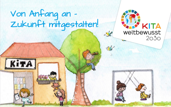 Die Zeichnung zeigt eine KITA mit Garten, in der Kinder spielen, entdecken und die Natur beobachten. Dazu das Logo des Projekts und der Kongress-Titel "Von Anfang an - Zukunft mitgestalten!"