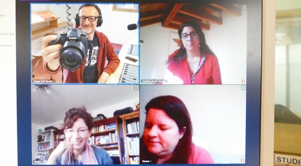 Bildsschirm mit quadratischen Kamerabildern von Matzel Xanter, Carolina Butto Zarzar, Rocío Rueda Ortiz und Verena Brenner.