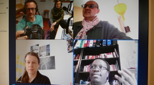 Bildsschirm mit quadratischen Kamerabildern von Matzel Xanter, Aly Palm, Daniela Göller und Paulino José Miguel.