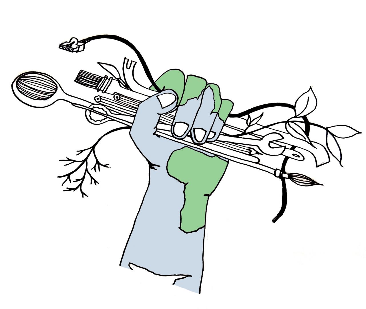 Eine geballte Hand, die Werkzeuge, Pinsel, Äste und Kabel in der Hand hält. Auf der Oberfläsche der Hand sind die Umrisse des afrikanischen und europäischen  Kontinents zu erkennen.