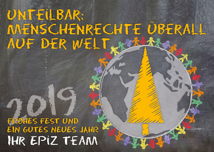 Weihnachtskarte 2018, Erdkugel mit Menschen